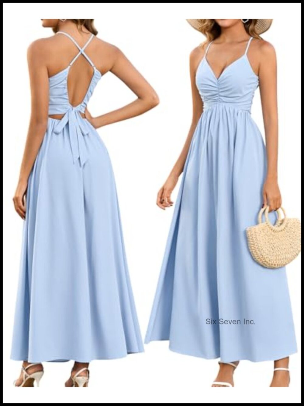 Spaghetti Strap Ruched Boho Maxi Dress Open Back Beach Wedding Guest Sundress